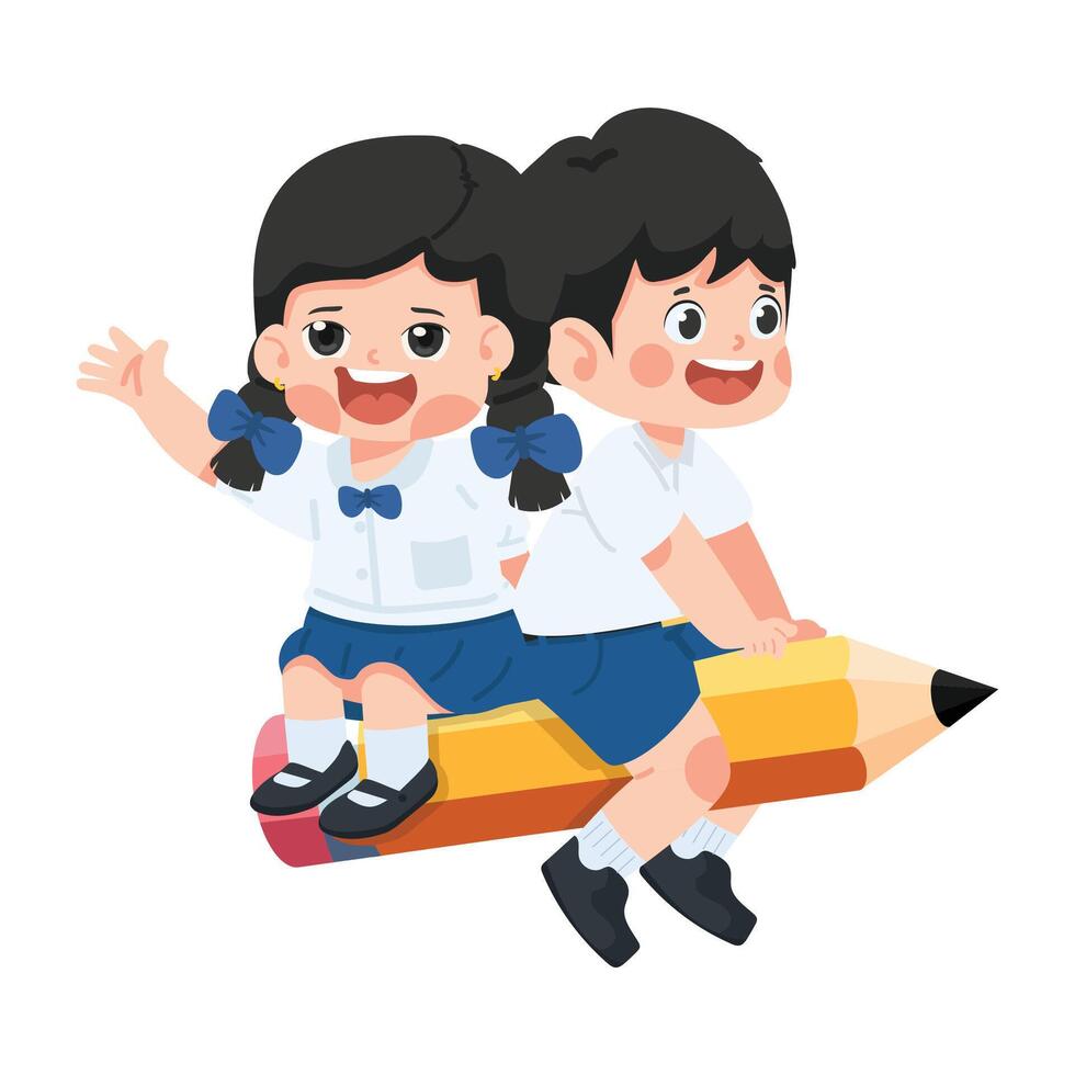 cute kids student flying on Pencil Flat vector