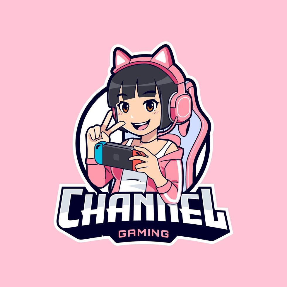Cute attractive gamer streamer girl esport logo template vector