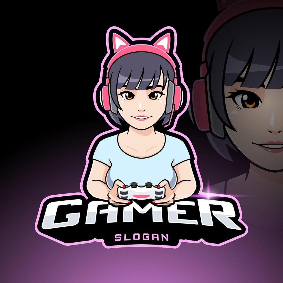 Cute gamer girl with headset esport mascot logo template for streamer or badge vector