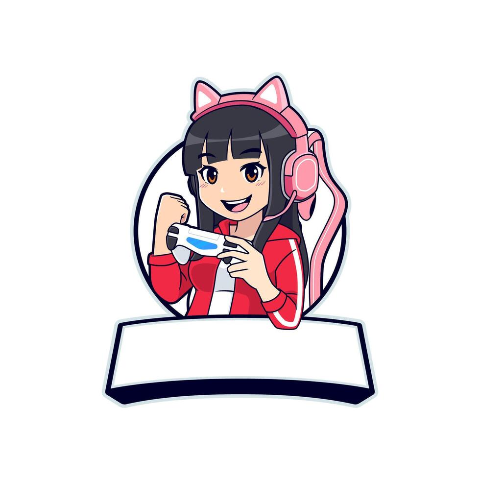 anime jugador niña mascota logo para deporte con blanco espacio bandera vector