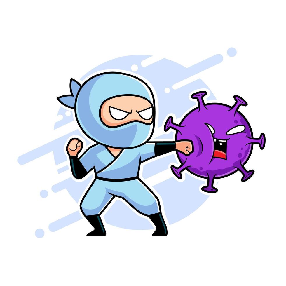 ninja dibujos animados personaje lucha virus concepto vector ilustración