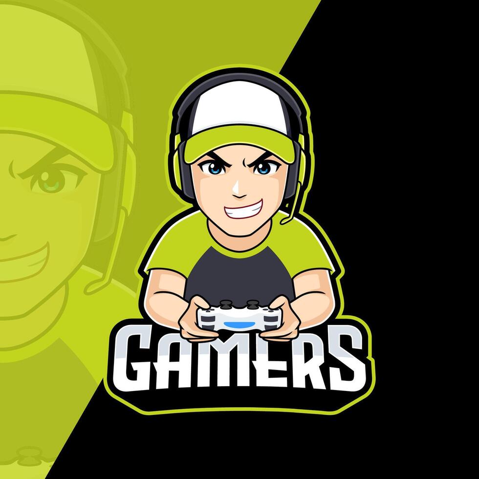 Gamer boy cartoon illustration with headphones and hat. Gaming mascot logo vector for streamer, badge or esport team