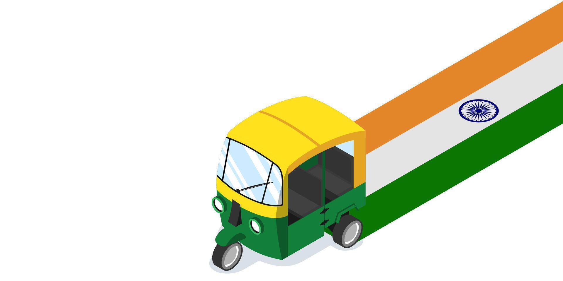 Indian auto rickshaw tuk tuk with national flag banner isometric vector illustration