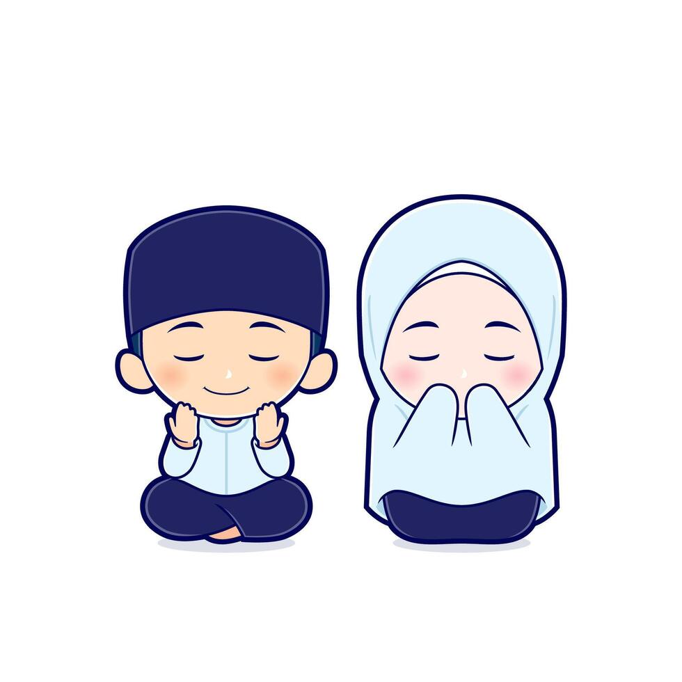 Cute boy and girl moslem sitting and praying. Religion concept icon flat style illustration. Ramadhan cartoon vector mascot character isolated on white background