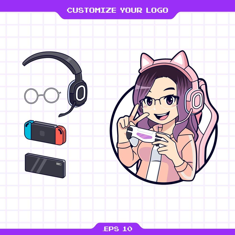 Cute gamer girl mascot logo creator, customizable sticker or badge cartoon character set vector