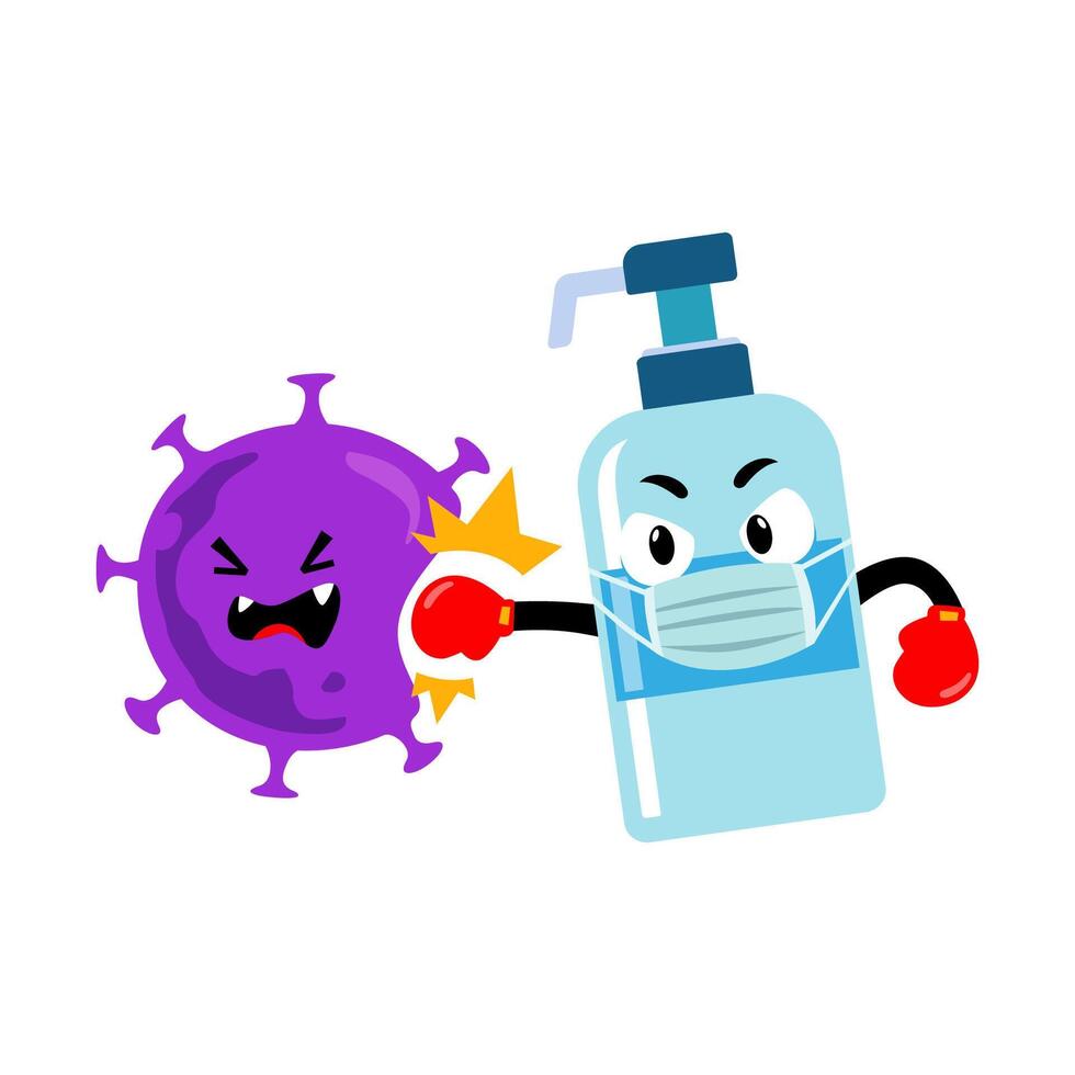 Hand wash gel cartoon character punching virus vector