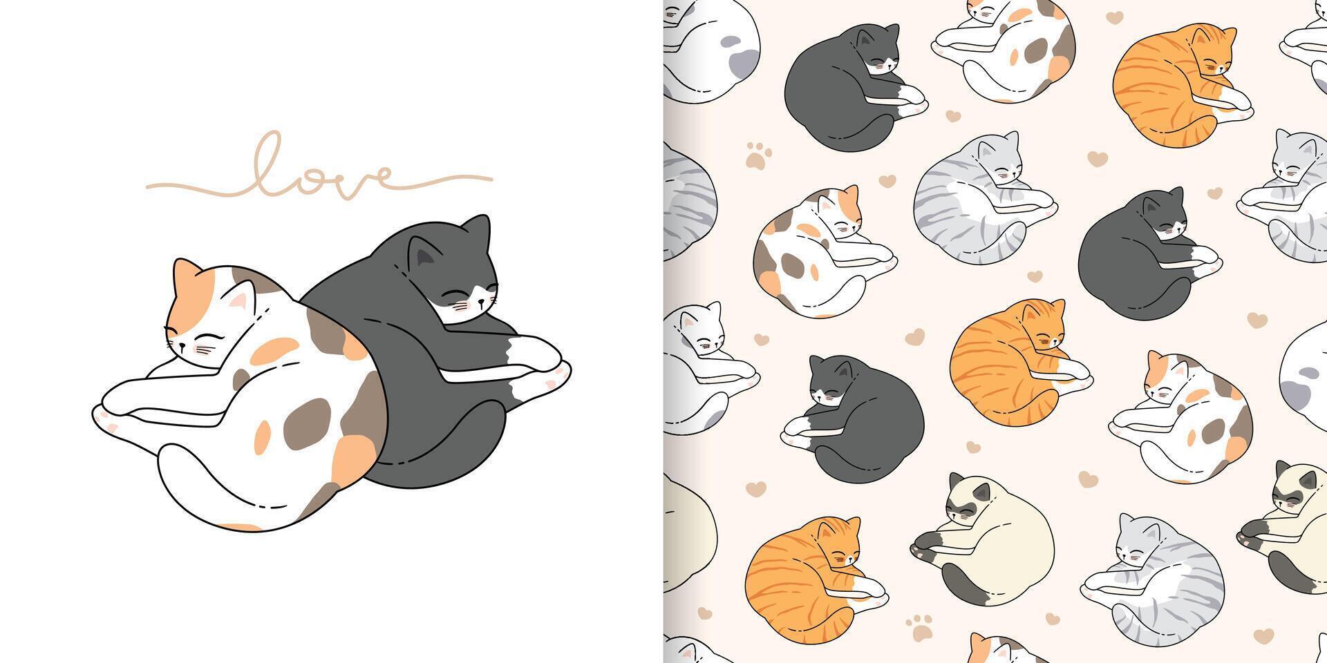 Cute cartoon valentines day sleeping cats seamless pattern vector