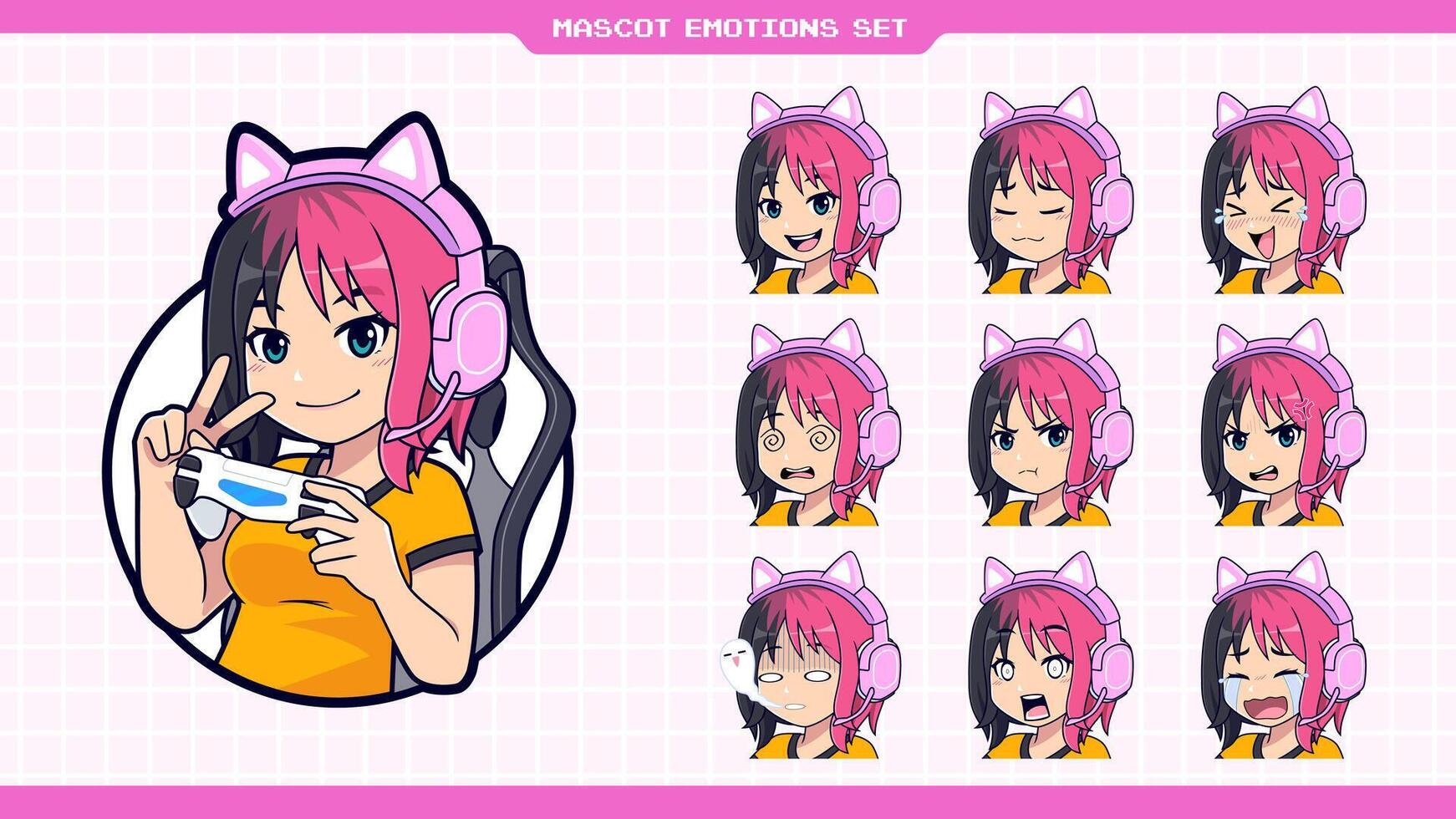 Cute Gamer girl mascot logo with happy, sad, shocked, angry, crying facial expressions set vector