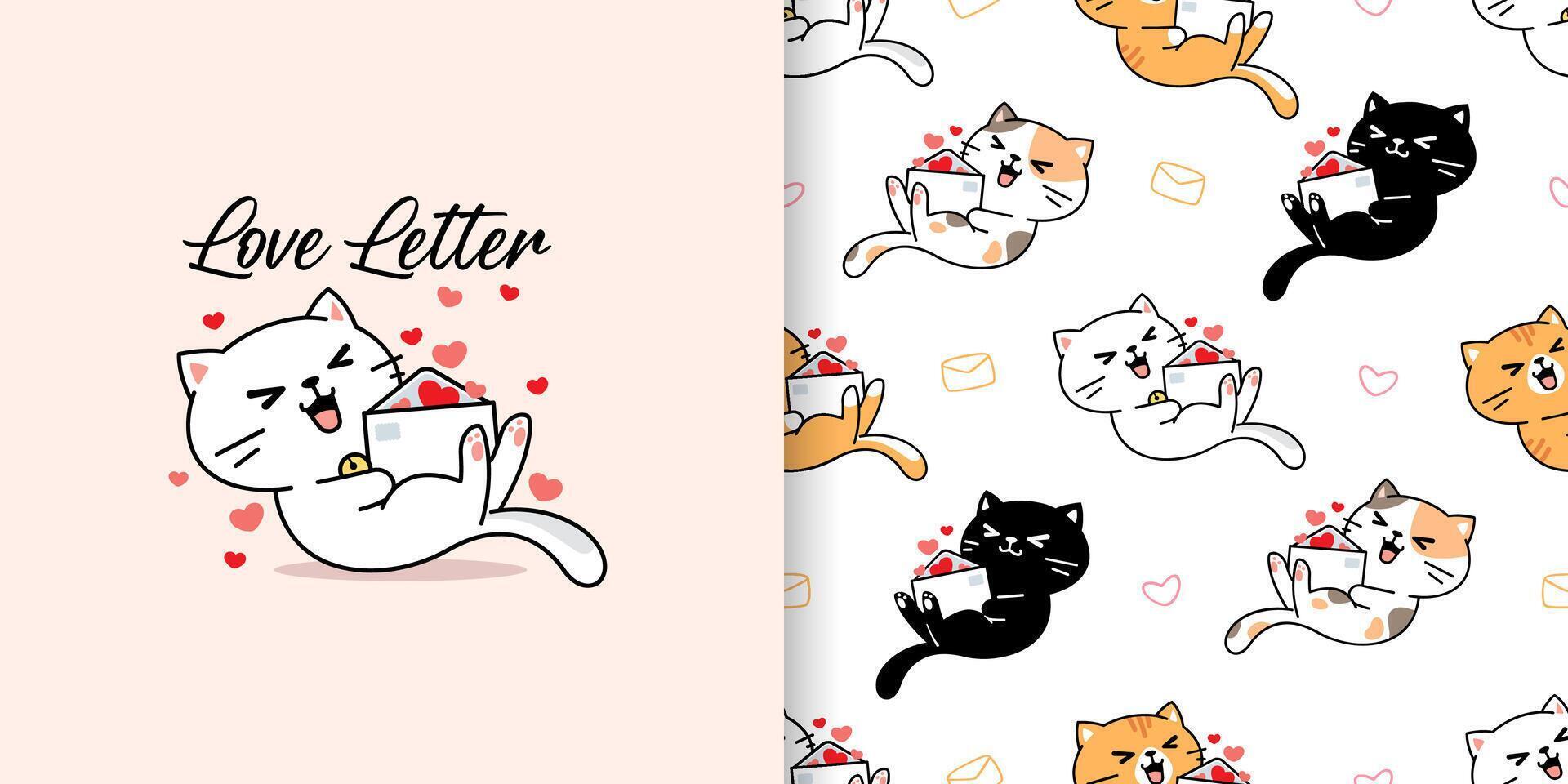 Cute hand drawn cat with love letter seamless pattern and illustration vector
