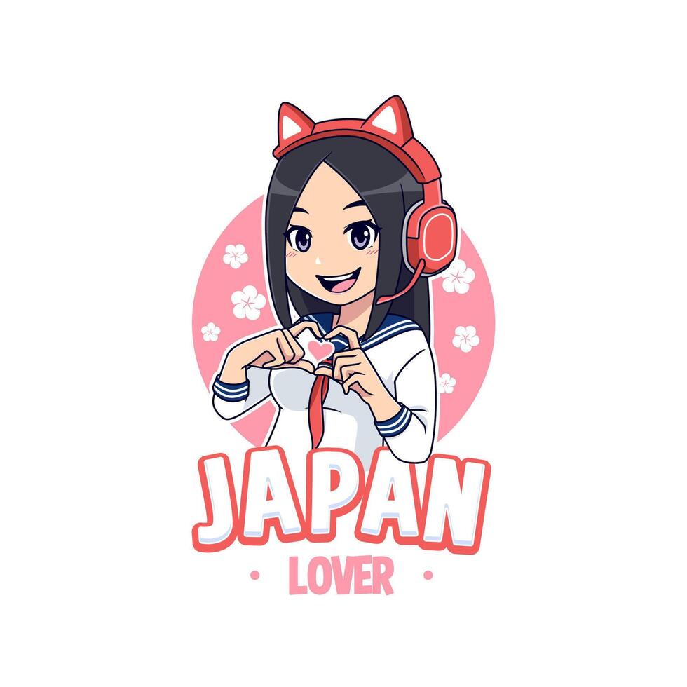Kawaii japan lover mascot logo cartoon girl. suitable for podcast, blogger, vlogger or streamer vector