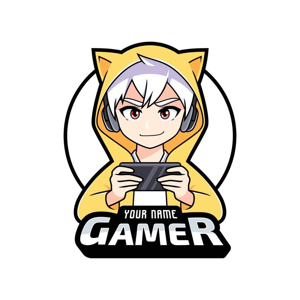 jugador anime chico con móvil juego de azar deporte logo vector