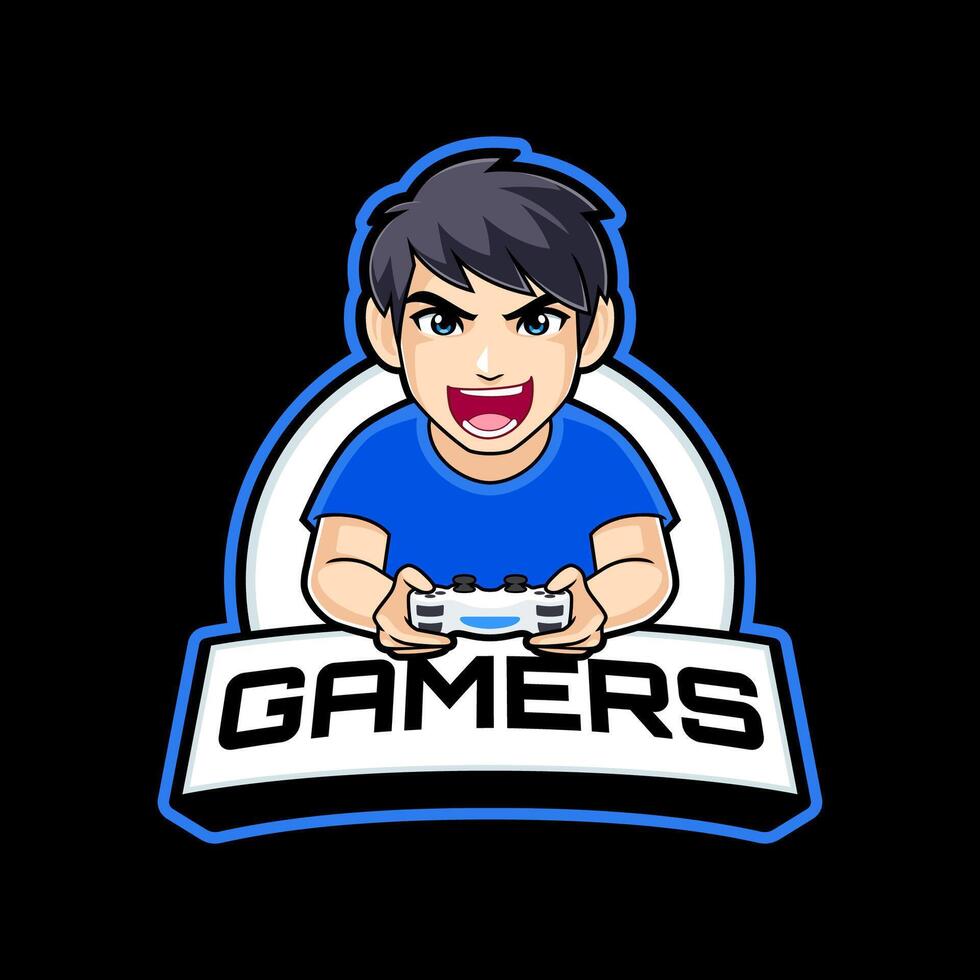 Gamer boy mascot logo cartoon playing console gaming. gamer illustration for streamer, badge or esport team vector