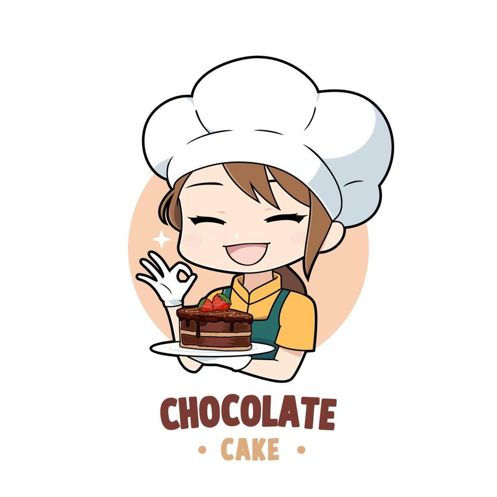Cute bakery chef girl cartoon holding a chocolate cake mascot logo character vector