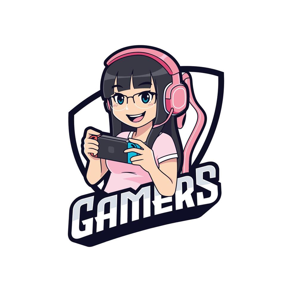 Cute gamer girl with gamepad console gaming logo vector