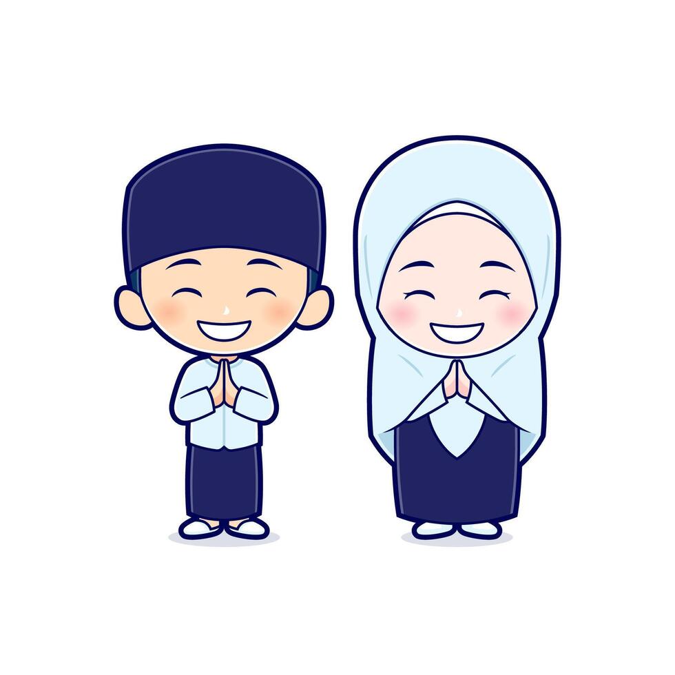 Cute boy and moslem hijab girl flat design illustration. Ramadan vector mascot cartoon character. Isolated on white background. Suitable for Web Landing Page, Banner, Flyer, Sticker