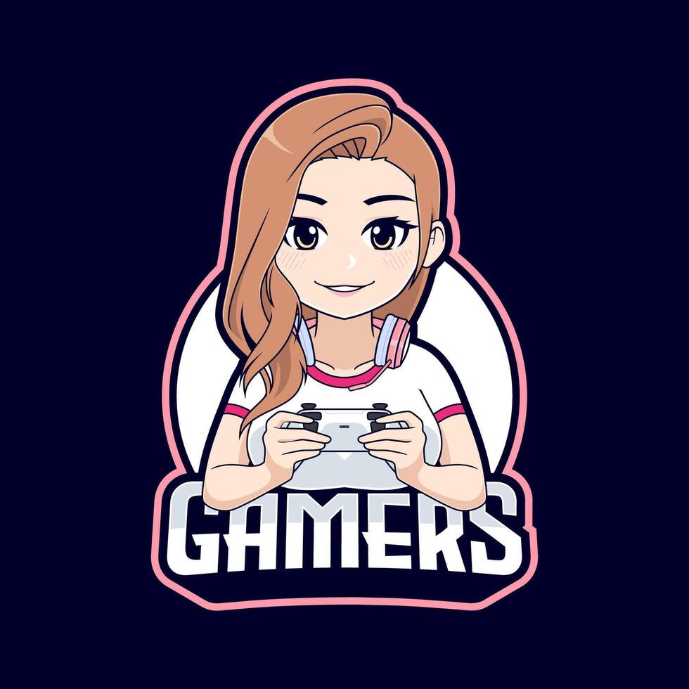 Cute gamer girl cartoon character mascot logo vector