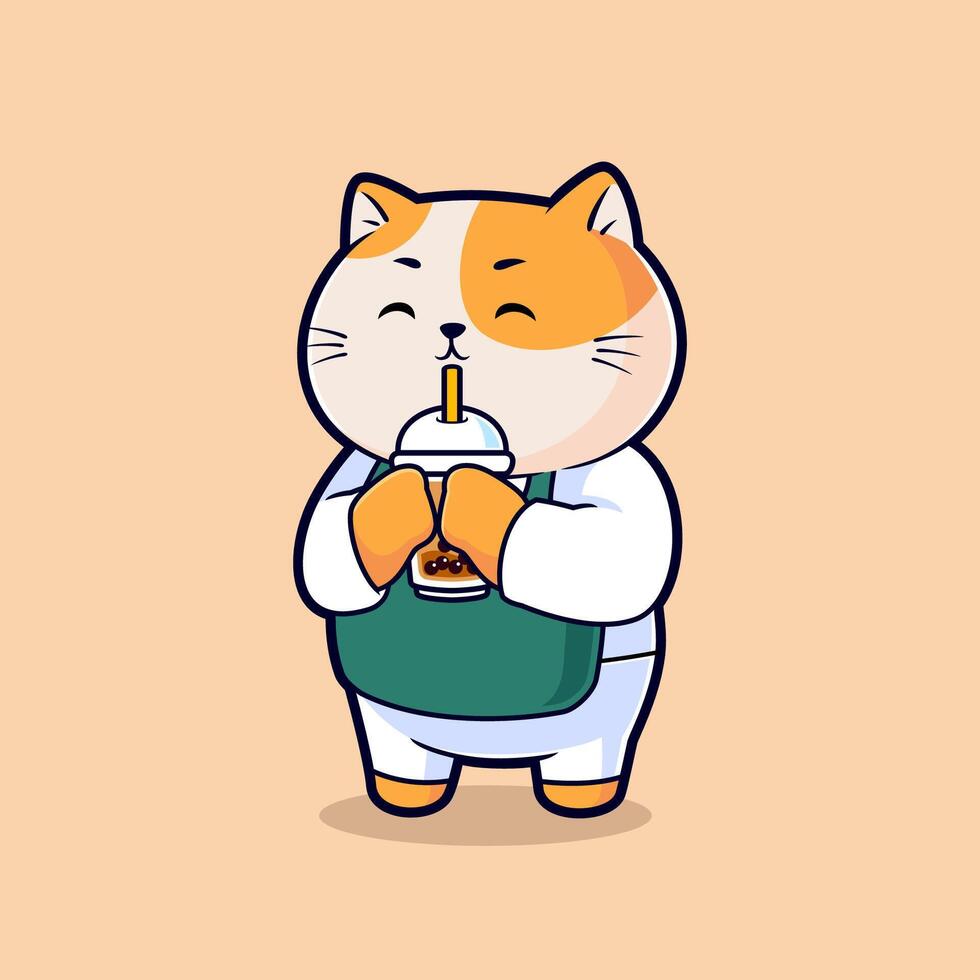 Cute Cartoon Cats Drinking Boba Milk Tea Vector Icon Illustration. Flat Cartoon Style Vector Mascot.