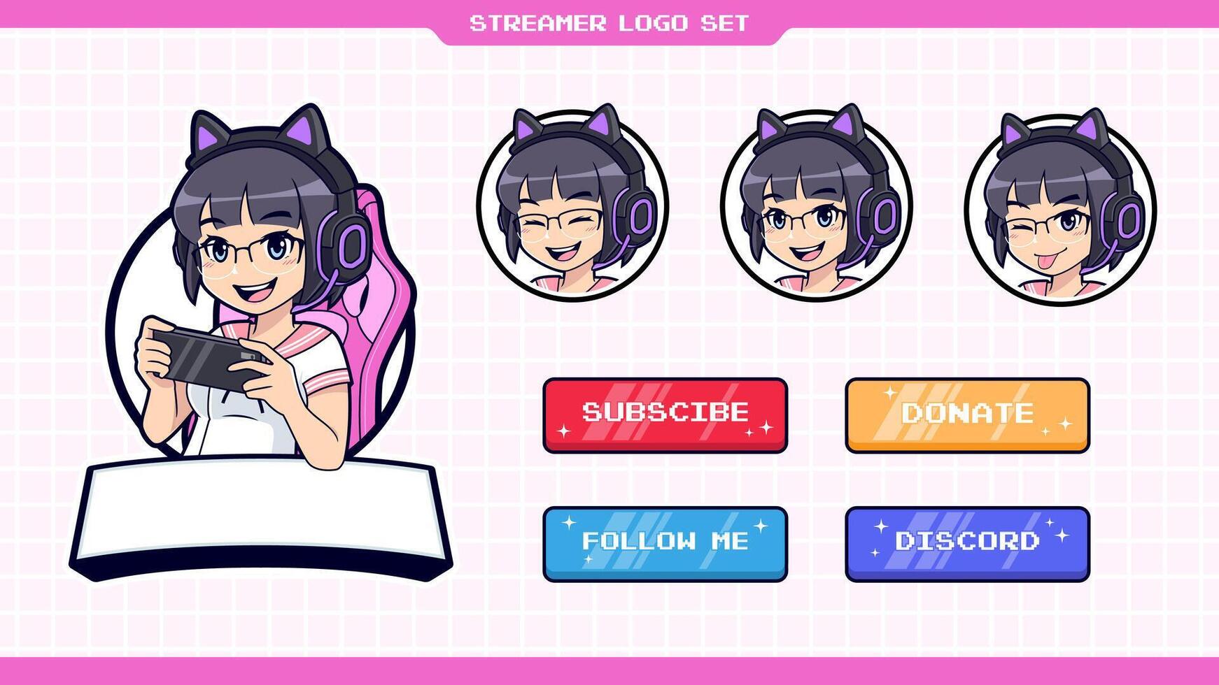 Cute Gamer girl mascot logo set with icons and badges for streaming vector