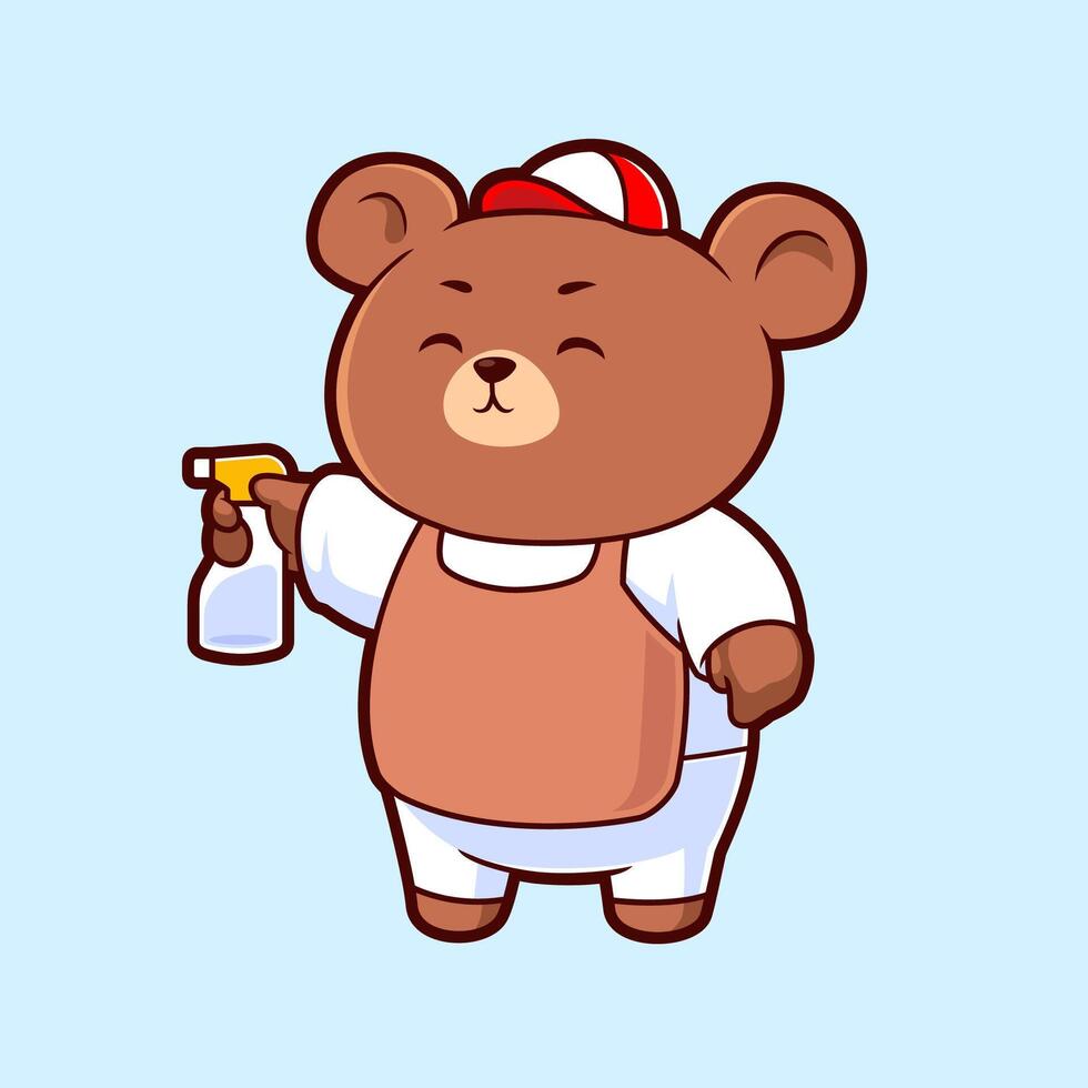 Cute Brown Teddy Bear Holding Cleaning spray Cartoon Vector Mascot Illustration. Flat Cartoon Style Animal Occupation Icon Concept Vector.
