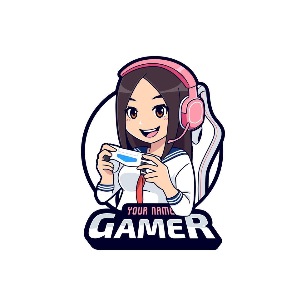 Anime gamer girl mascot cartoon character for gaming or streamer logo vector