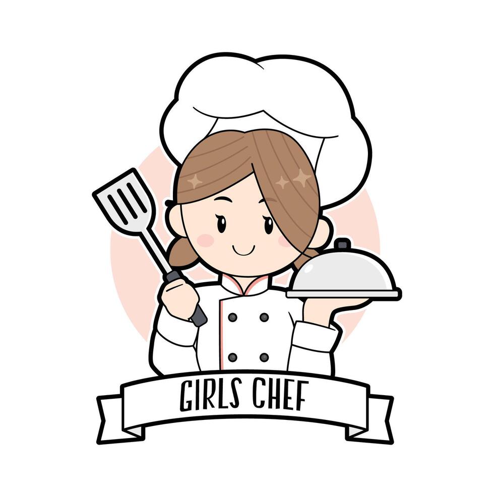 Cute chef girl holding spatula. Kid in chef hat and uniform vector