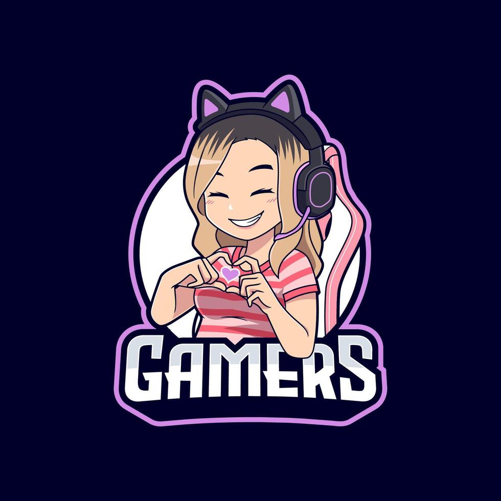 Cute gamer girl mascot cartoon character shows heart gesture suitable for gaming or streamer logo vector