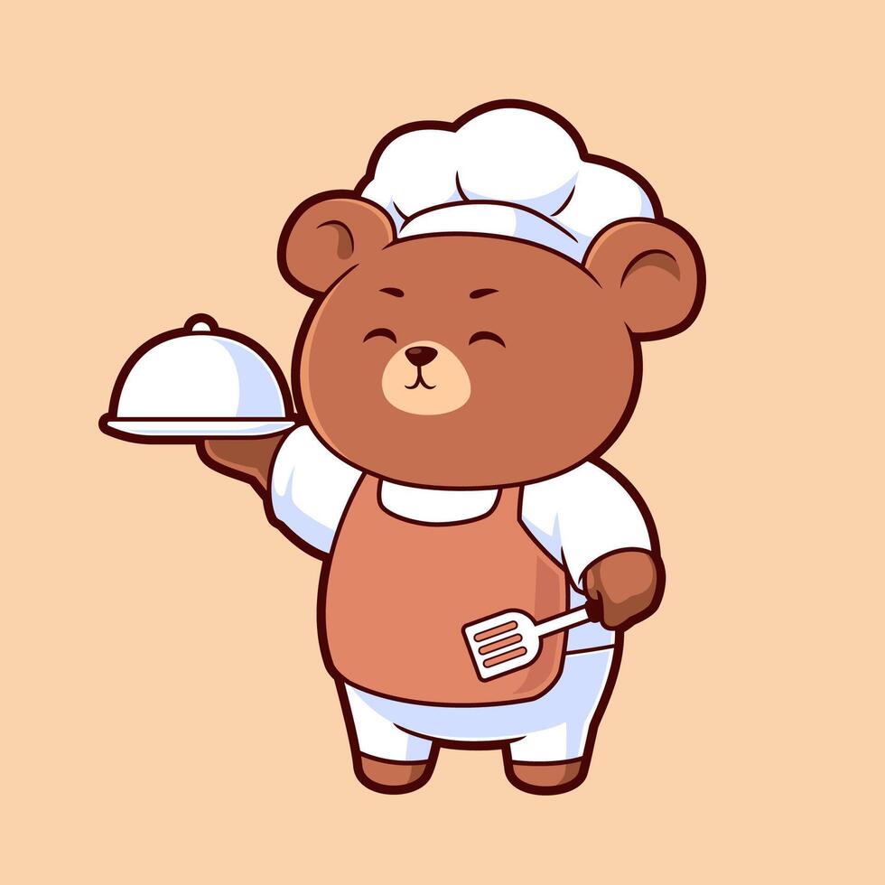 Cute teddy bear cooking, Chef cartoon illustration vector