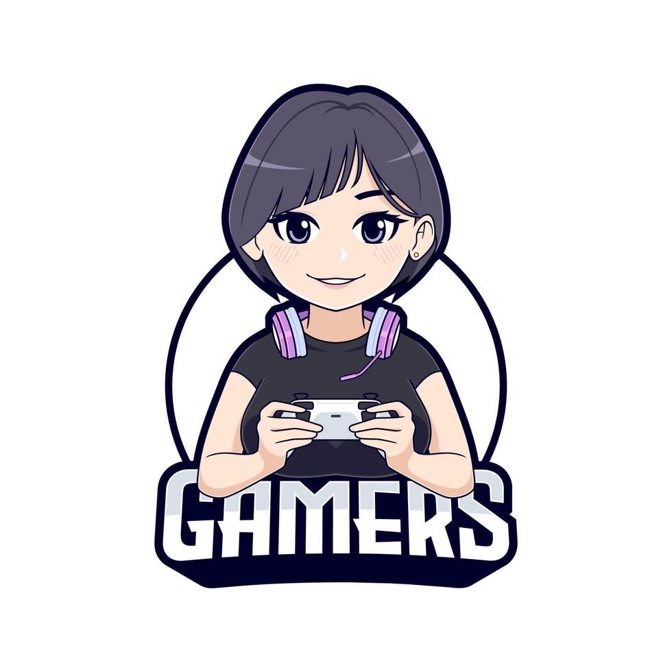 Cute short hair gamer girl cartoon character mascot logo vector