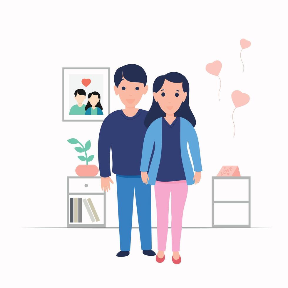 Couple avatars characters in the room colorful vector background