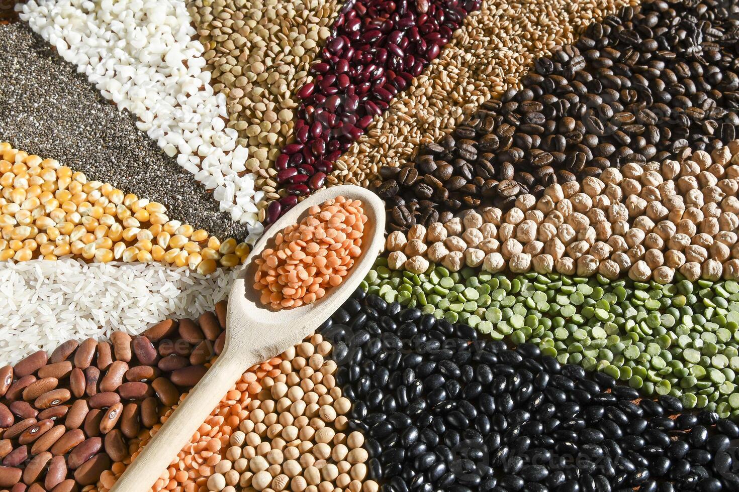 Wooden spoon with raw red lentils on various grain photo
