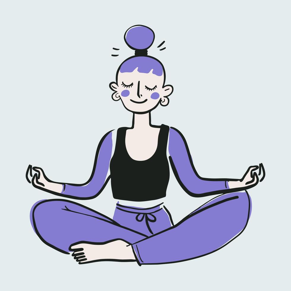 mujer yoga en el loto posición, su ojos cerrado y un sereno expresión se sienta con las piernas cruzadas en meditación vector