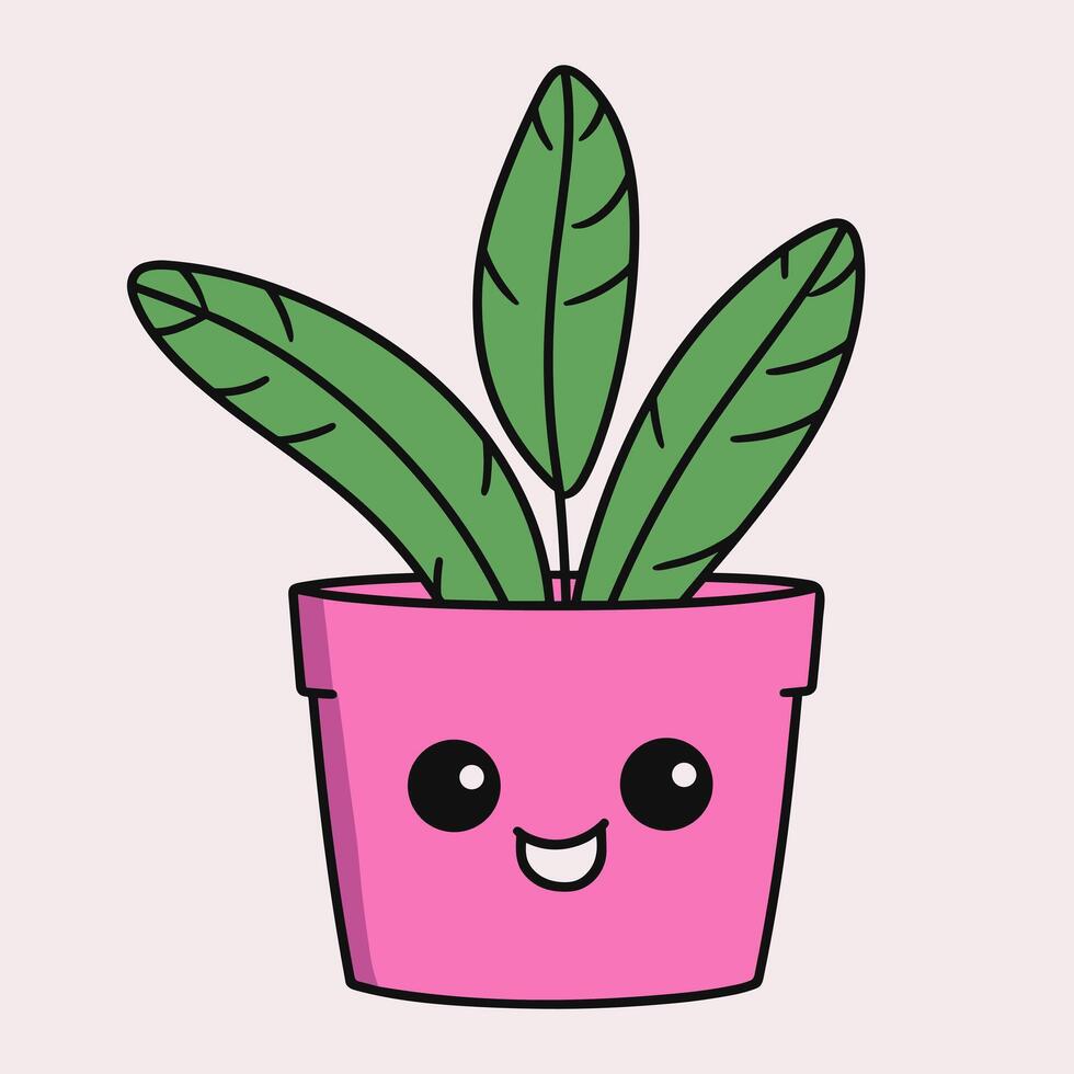 Cartoon happy green plant in pink pot with smiling face and big eyes. Cute houseplant isolated on background. Modern vector illustration