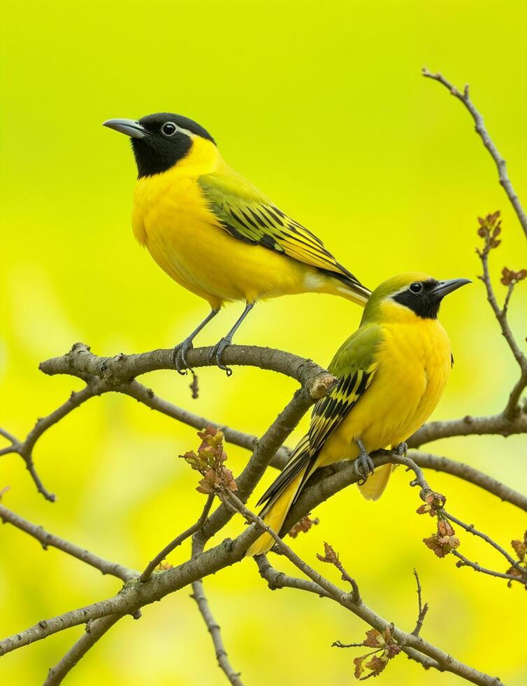 ai generado dos amarillo aves sentado en un rama foto