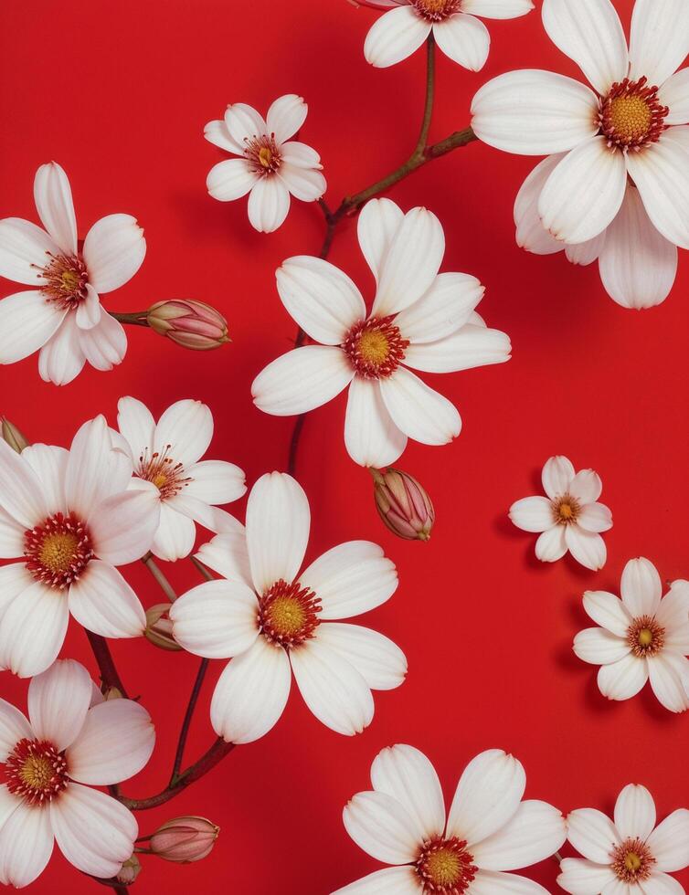AI generated white flowers on a red background photo