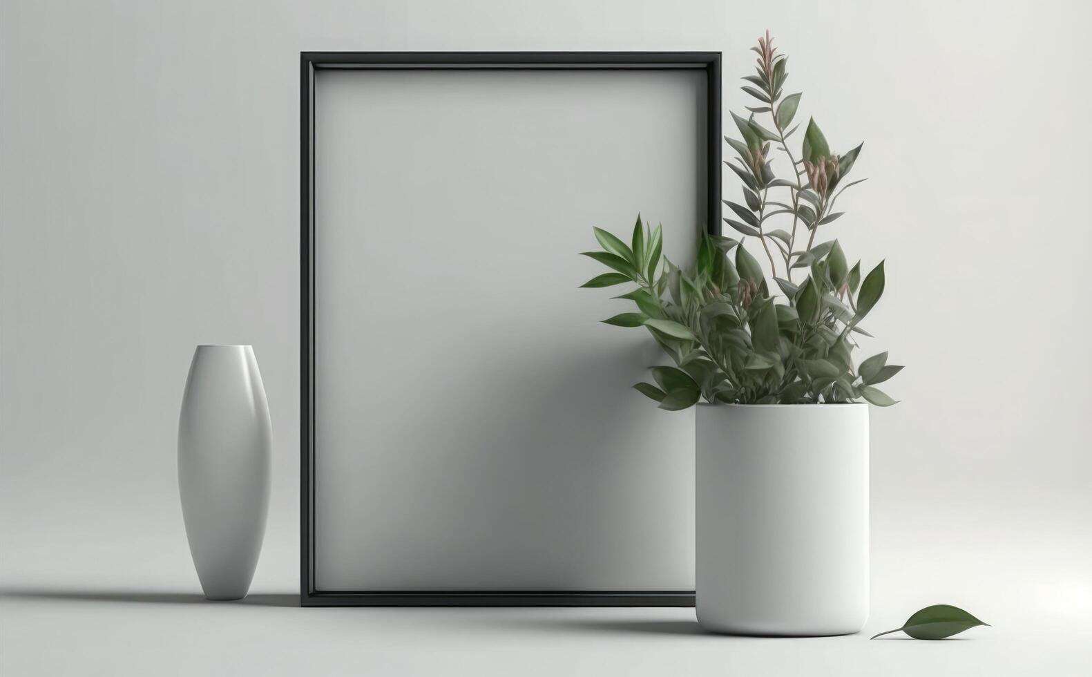 Empty picture frame mockup on a wall vertical frame mockup in modern minimalist interior with plant in trendy vase on wall background photo