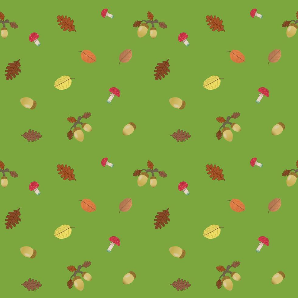 Oak and fall leaves, acorns and fly agaric on a green background, fall. Vector pattern
