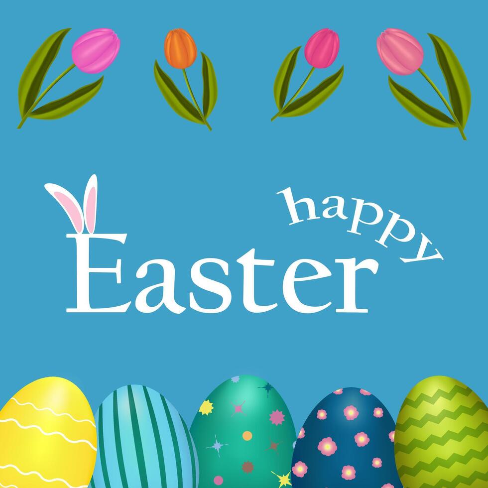 Easter decorated multicolored eggs and tulips on blue background vector