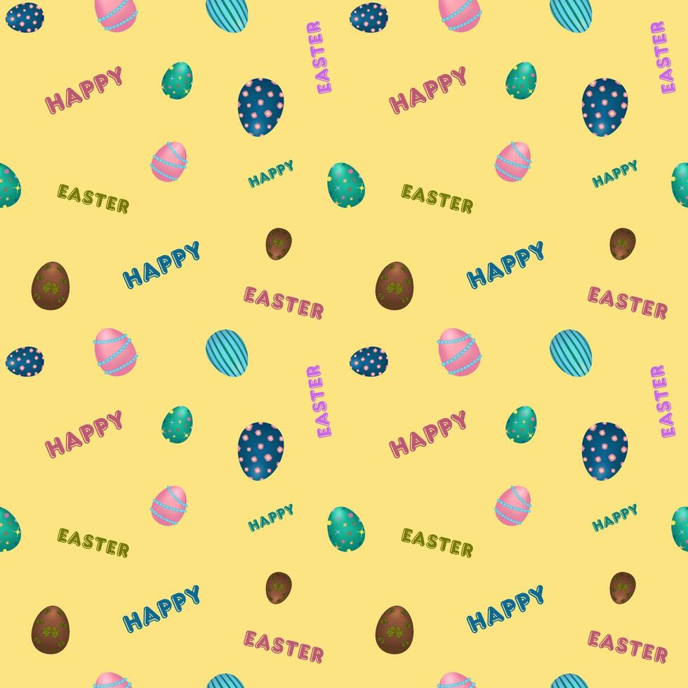 decorado huevos y contento Pascua de Resurrección inscripción en un amarillo antecedentes vector