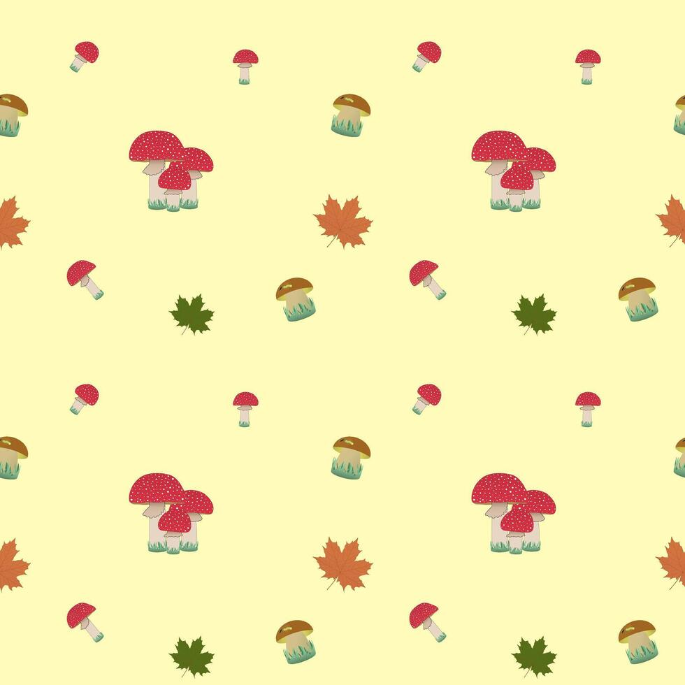 Fly agaric, mushrooms and maple leaves on yellow background, fall. Vector pattern
