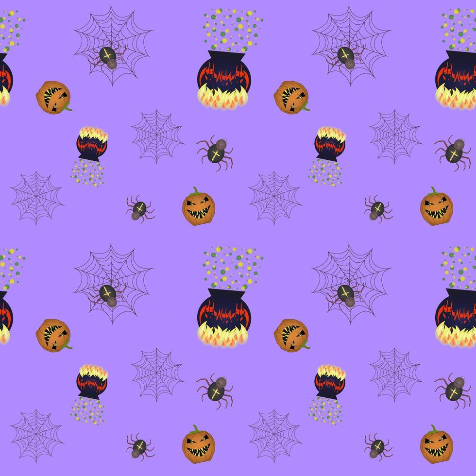 Spiders, cobwebs, potion cauldron, pumpkin, Halloween. Vector color pattern