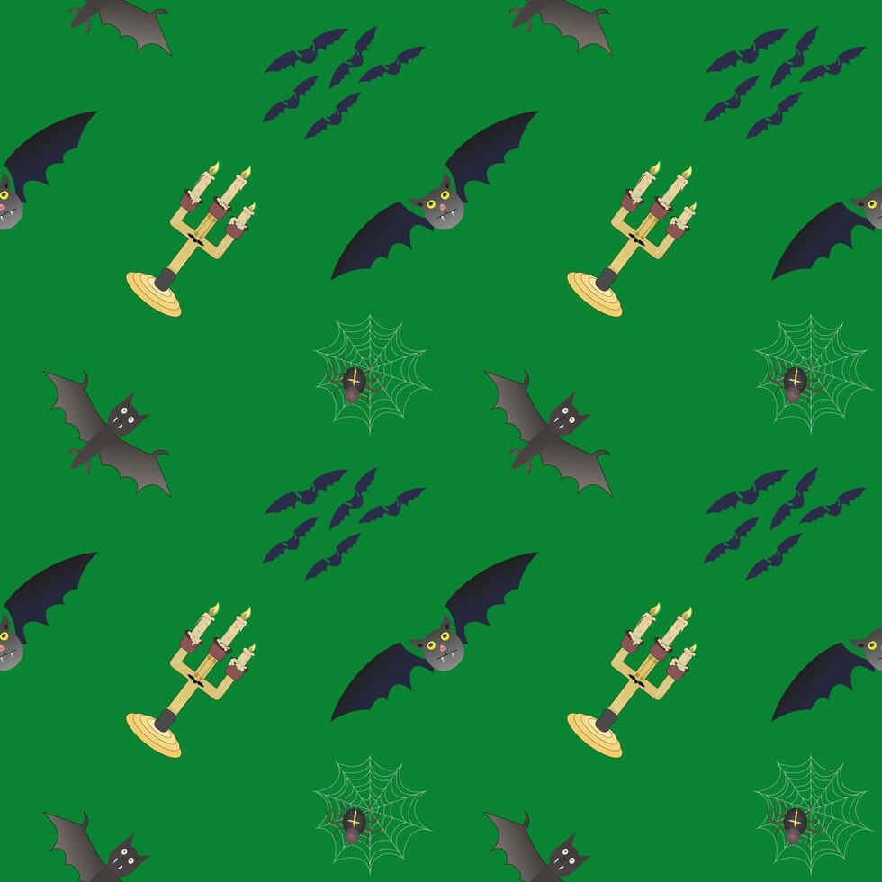 Bats, candelabra and spider in web on emerald background, Halloween. Vector color pattern