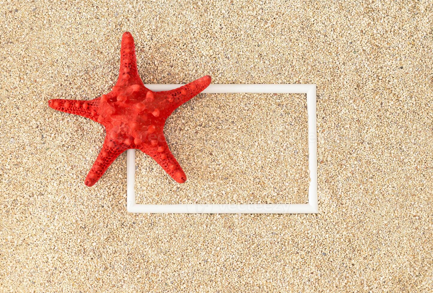 Top view of red starfish, beach sand and creative white frame copy space. Minimal summer concept. Trendy tropical beach day scene idea. Summer aesthetic. Flat lay. photo