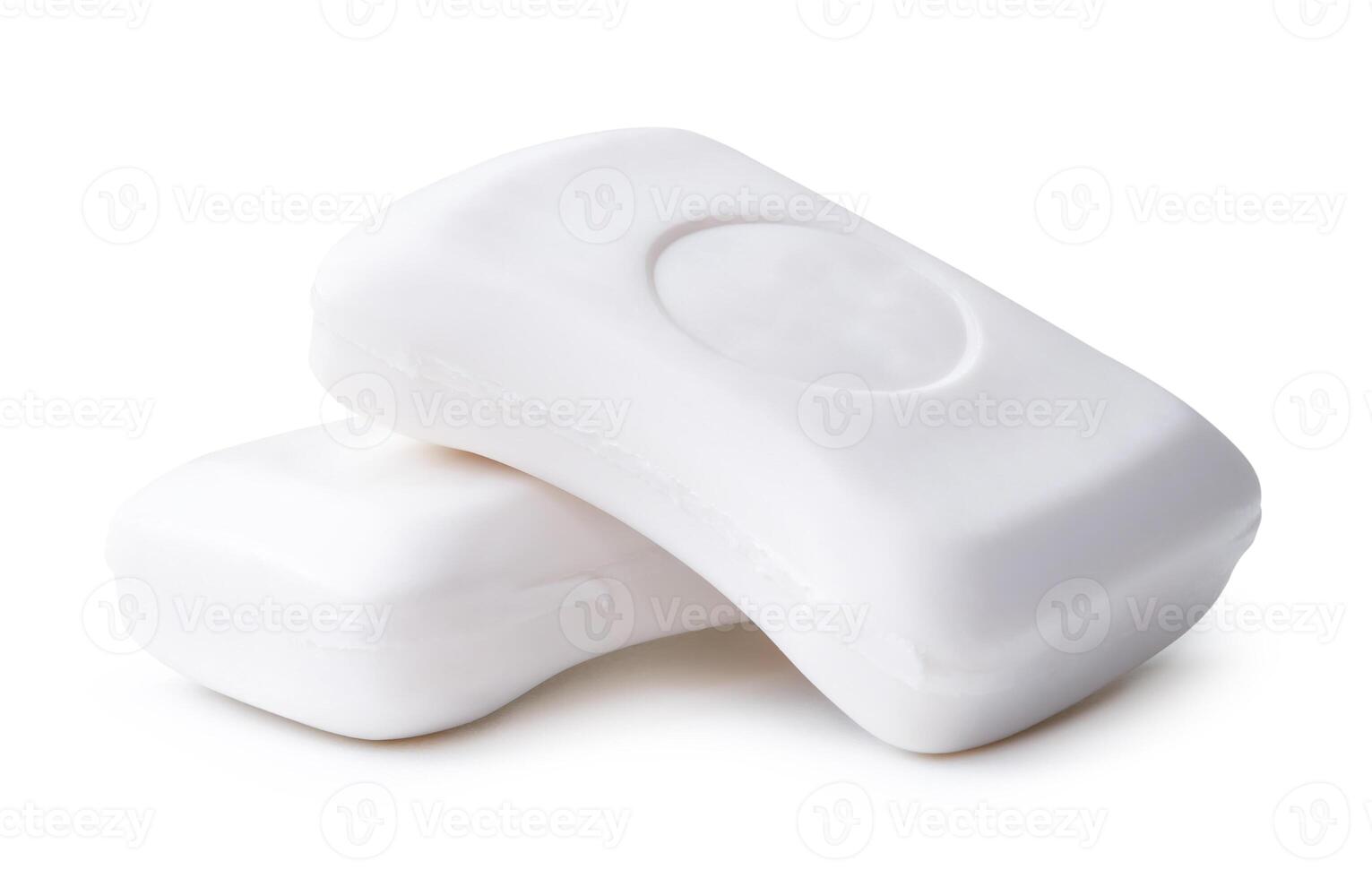 Side view of two bars of dry white soaps in stack isolated on white background with clipping path photo