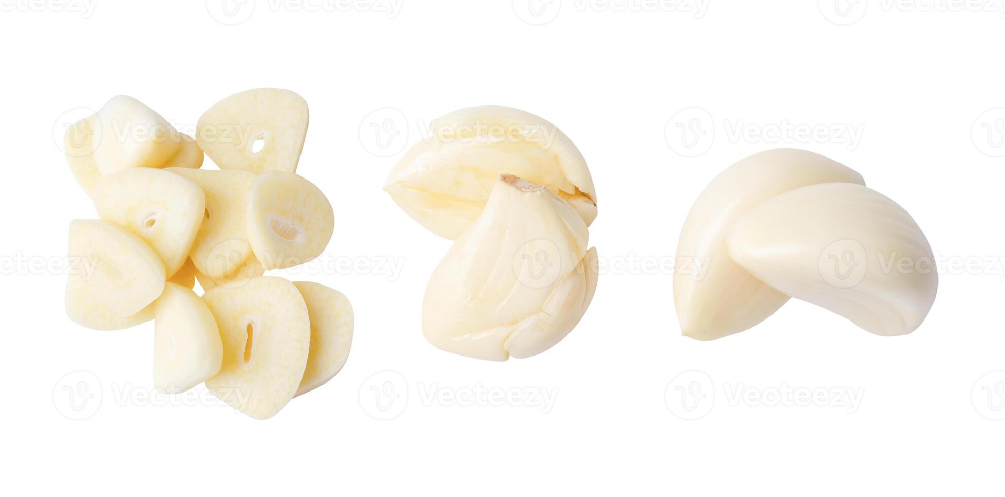 Top view set of pounded garlic cloves or slices in stack isolated on white background with clipping path photo