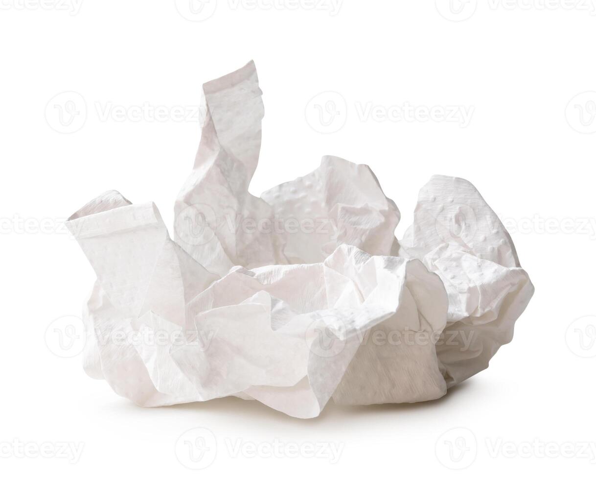Front view of crumpled tissue paper ball after use in toilet or restroom isolated on white background with clipping path photo