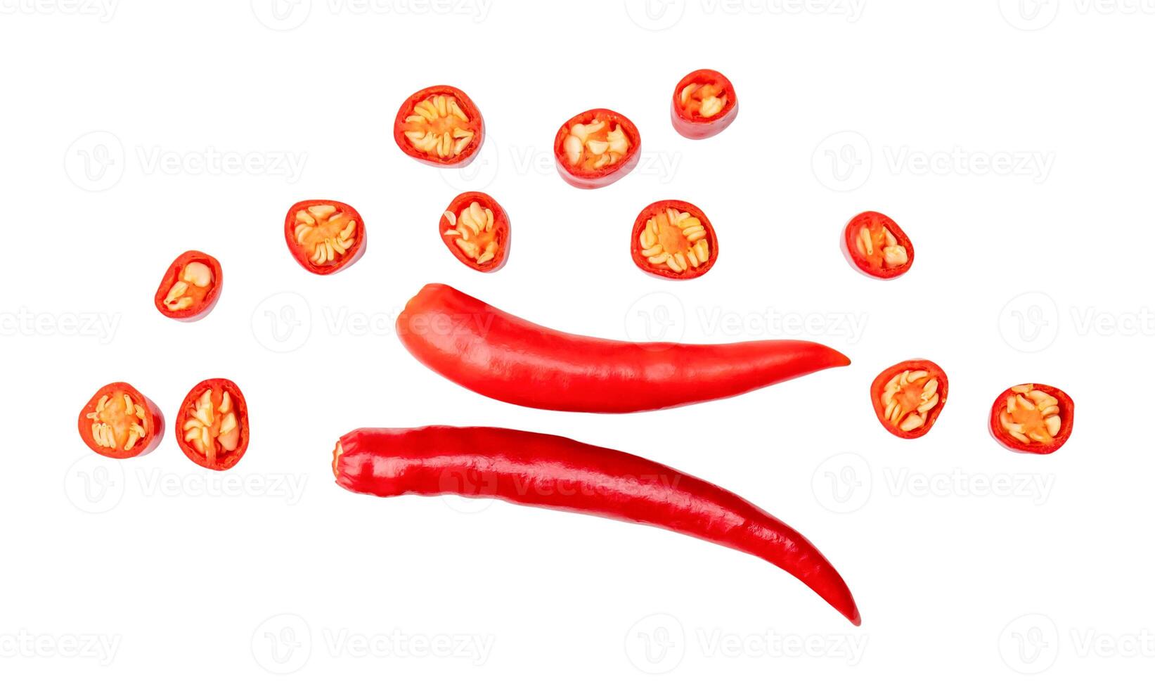 Top view set of red chili pepper with slices isolated on white background with clipping path photo