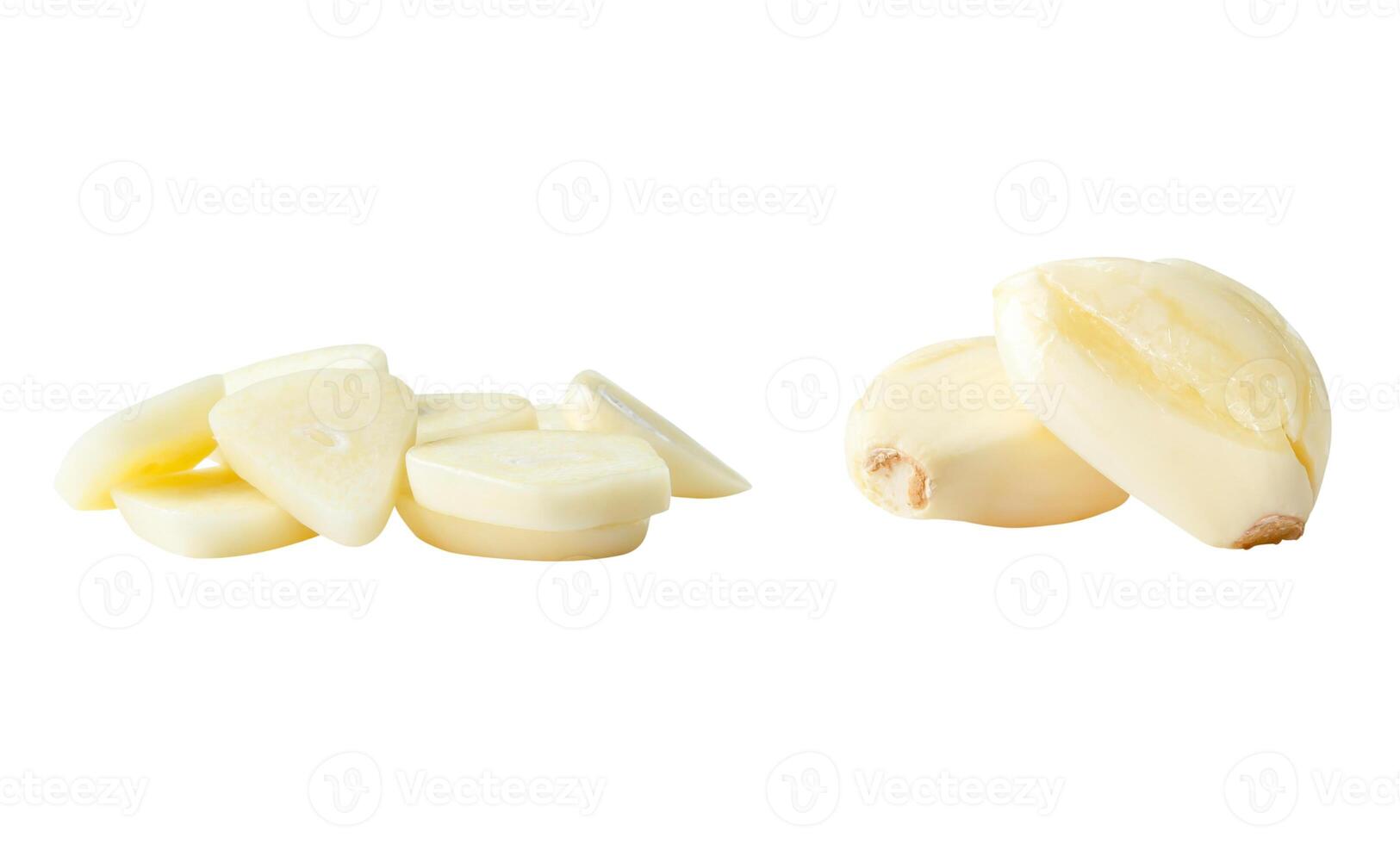 Front view set of fresh pounded garlic cloves with slices or pieces in stack isolated on white background with clipping path photo