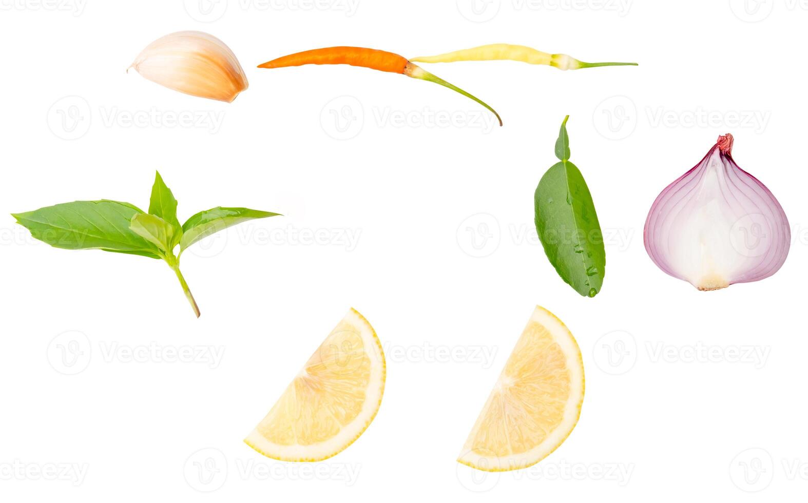Top view set of Thai soup ingredients isolated on white background with clipping path photo