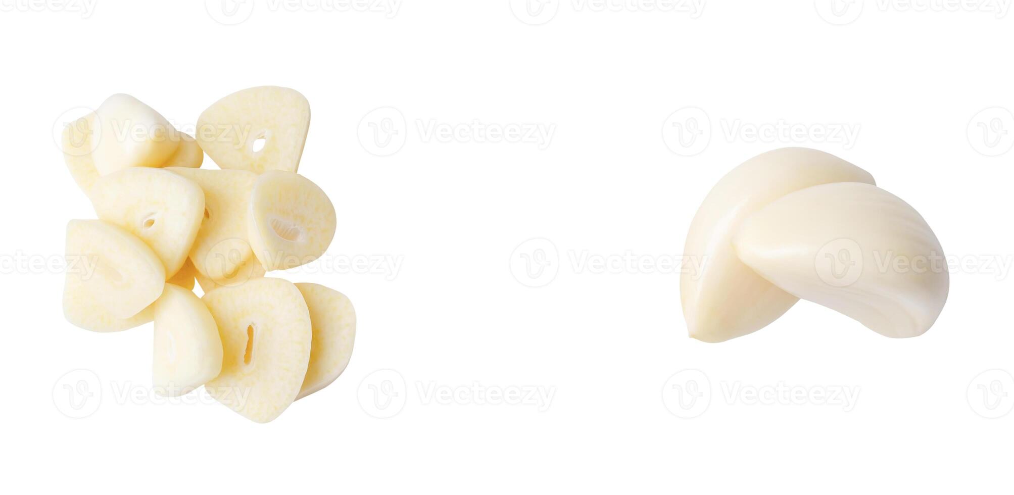 Top view set of garlic cloves and slices in stack isolated on white background with clipping path photo