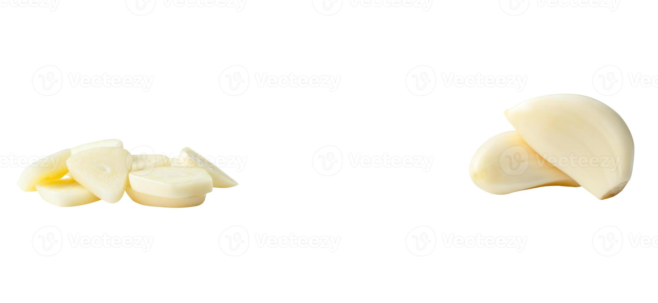 Front view set of white garlic cloves and slices or pieces in stack isolated on white background with clipping path photo